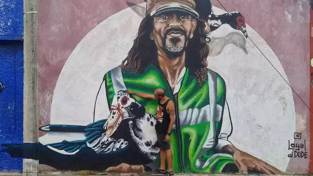 De frente al mural, puede verse cómo incluso se sobrepone al poste de luz en un efecto visual