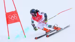 Rodolfo Dickson en acción durante su primer recorrido en el Slalom Gigante en Beijing