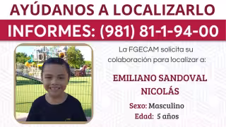 La FGECAM emitió una ficha de búsqueda urgente para localizar al niño Emiliano Sandoval Nicolás, de cinco años de edad.