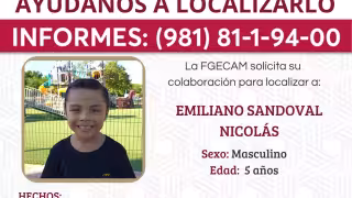 Buscan a Emiliano, niño de 5 años desaparecido en Hampolol, Campeche; Fiscalía activa ficha de búsqueda