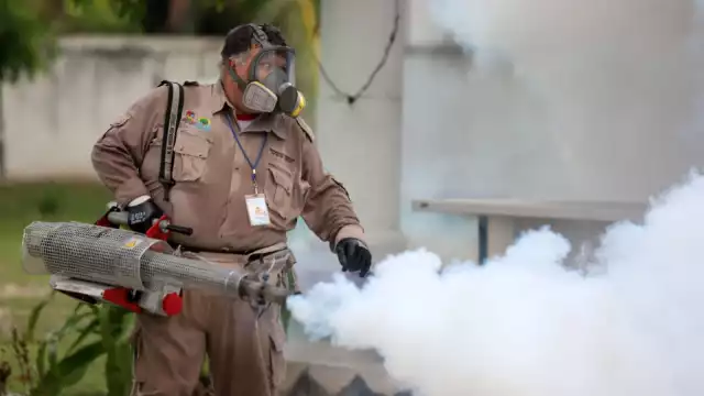 En Cancún, un hombre fumiga para eliminar al mosquito que transmite el dengue (Cuartoscuro)
