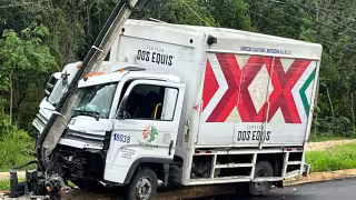 Camión cervecero se impacta contra poste y árbol en la Región 252; deja sin luz a vecinos de Vista Real en Cancún
