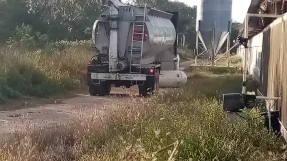 El vehículo llevaba alimento para aves a una granja. El cuerpo de bomberos llegó al lugar para controlar el incidente