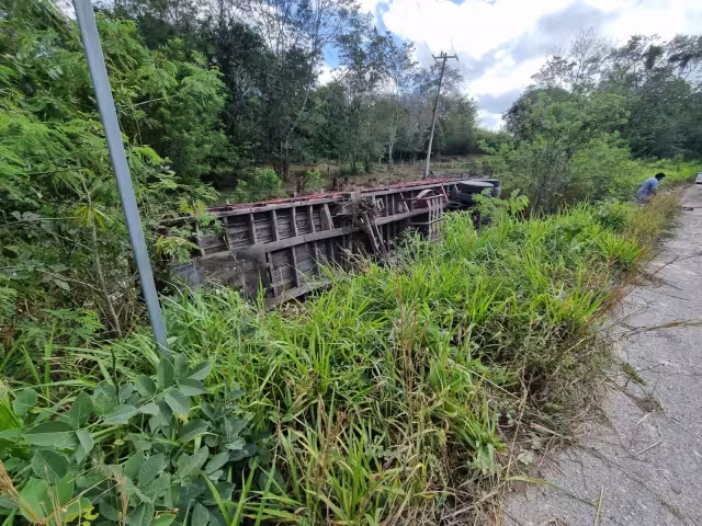 Solo daños materiales fueron el saldo de la volcadura de un camión en la vía Escárcega-Chetumal