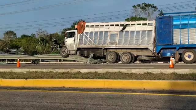 Un camión que transportaba pollinaza sufrió un accidente en Hecelchakán