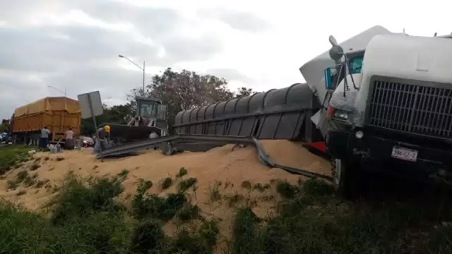 La pesada unidad quedó varada a un costado de la carretera con su carga tirada