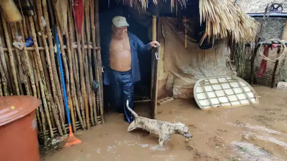 Al igual que su cultivo, la vivienda en donde cría cerditos, gallinas y pavos, también acabó bajo el agua