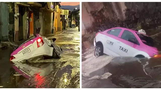 Taxi dentro del socavón, en Milpa Alta