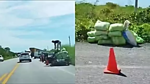 Habitantes llegaron a bordo de vehículos para llevarse los sacos de arroz