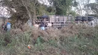Camión cañero vuelca por falla mecánica en la ribera del Río Hondo