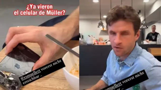 Thomas Müller presume su celular totalmente destruido