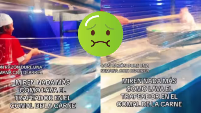 Taquero limpia el comal con un trapeador