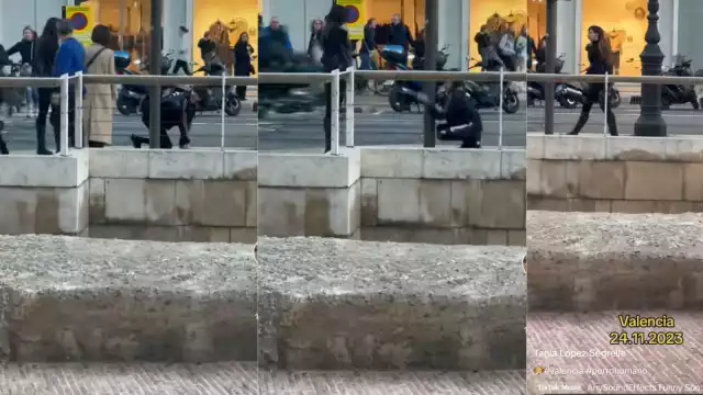 Mujer pasea a su novio como si fuera un perro en calles de Valencia