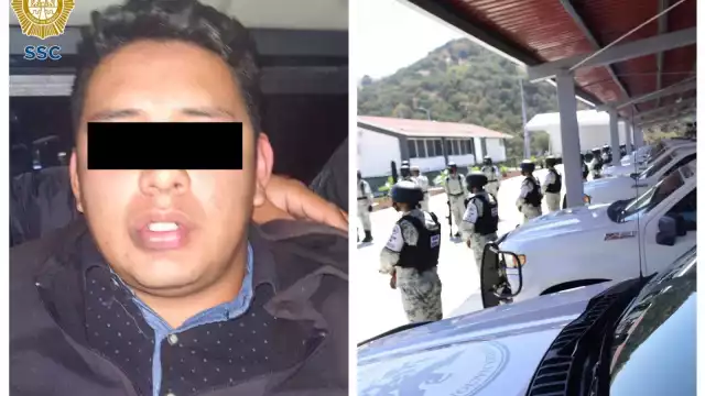 A la izquierda, Luis David "N". A la derecha, elementos de la Guardia Nacional