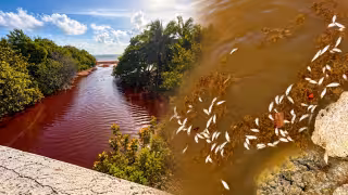 Alertan por peces muertos y agua contaminada por sargazo en Xcalak, Quintana Roo