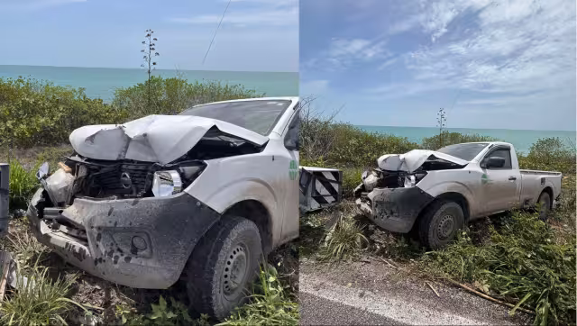 Camioneta termina entre la maleza tras accidente en Seybaplaya