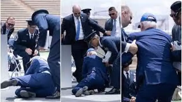 Tras dar un discurso y entregar el último diploma a los cadetes se dio la vuelta para sentarse, pero aparentemente tropezó con un saco terrero y cayó sobre sus rodillas desplomándose hacia un lado.