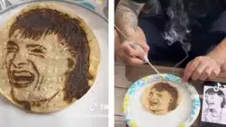 Plasman rostro de Peso Pluma en una tortilla