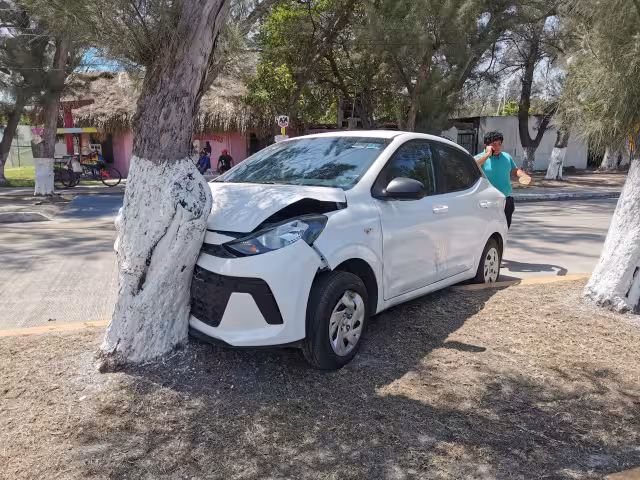 Un conductor distraído impactó su Hyundai blanco contra un árbol en el camellón central de la avenida Los Pinos, en la colonia Playa Norte