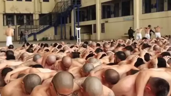 Cientos de detenidos son expuestos ante la cámara para mostrar el trato en la cárcel. Foto: Captura de pantalla