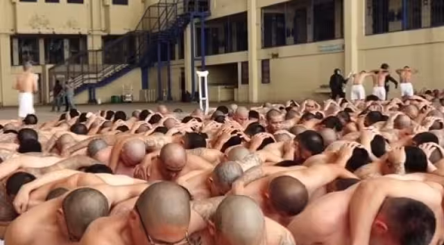 Cientos de detenidos son expuestos ante la cámara para mostrar el trato en la cárcel. Foto: Captura de pantalla