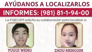 chinos , Yugui Weng , de 27 años y Zhou Mengqin de 21 años desaparecieron en San Francisco de Campeche