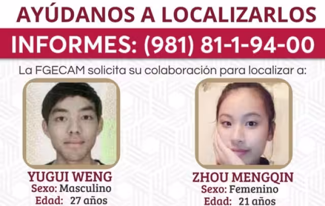 chinos , Yugui Weng , de 27 años y Zhou Mengqin de 21 años desaparecieron en San Francisco de Campeche