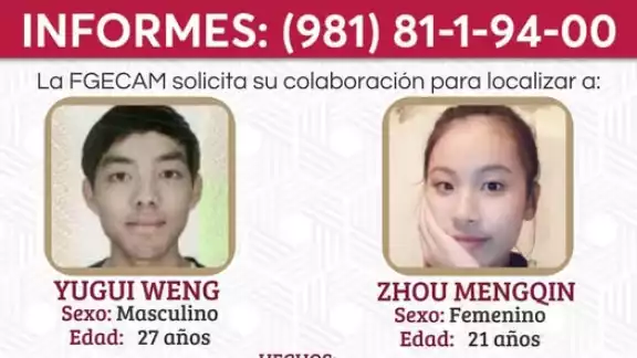 chinos , Yugui Weng , de 27 años y Zhou Mengqin de 21 años desaparecieron en San Francisco de Campeche
