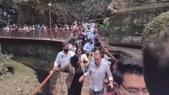 Un hombre de negro comenzó a brincar en el puente lo que provocó su colapsó. Foto: Especial