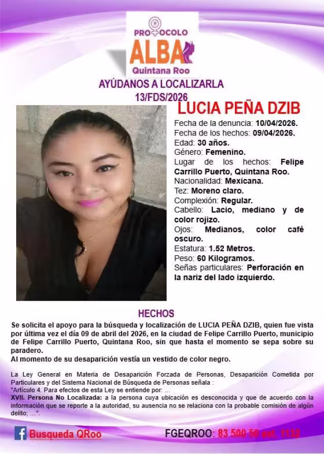 Lucía Peña Dzib, de 30 años de edad, quien fue vista por ultima vez el pasado 9 de abril en la ciudad