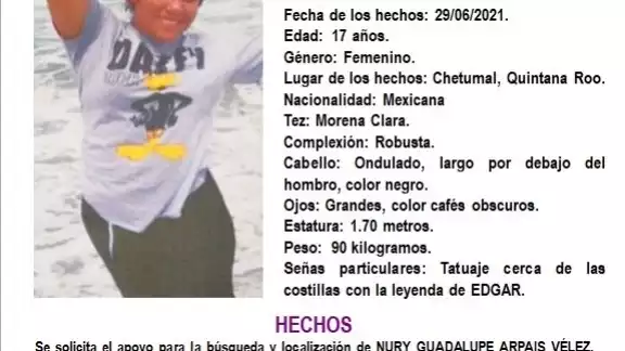 La FGE pide a la ciudadanía comunicarse al número 998 983 83 50050 ext.1132 en caso de contar con alguna pista de su paradero La FGE pide a la ciudadanía comunicarse al número 998 983 83 50050 ext.1132 en caso de contar con alguna pista de su paradero