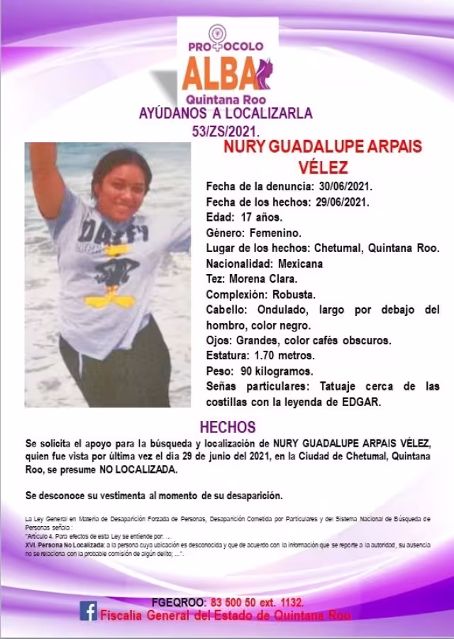 La FGE pide a la ciudadanía comunicarse al número 998 983 83 50050 ext.1132 en caso de contar con alguna pista de su paradero