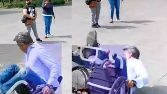 Sergio Mayer cayó de una silla de ruedas al intentar hacer un truco. Foto: Captura de pantalla Sergio Mayer cayó de una silla de ruedas al intentar hacer un truco. Foto: Captura de pantalla