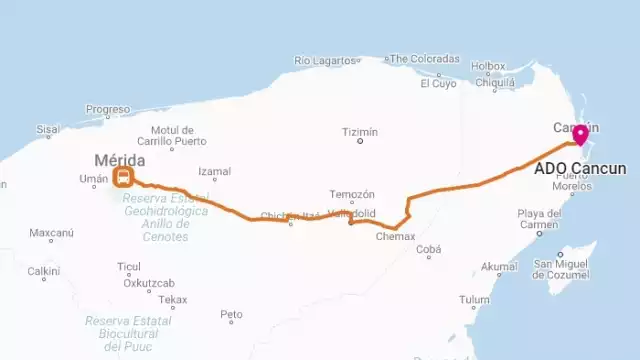 Este el mapa del recorrido de Mérida a Cancún en autobús. Foto: Especial