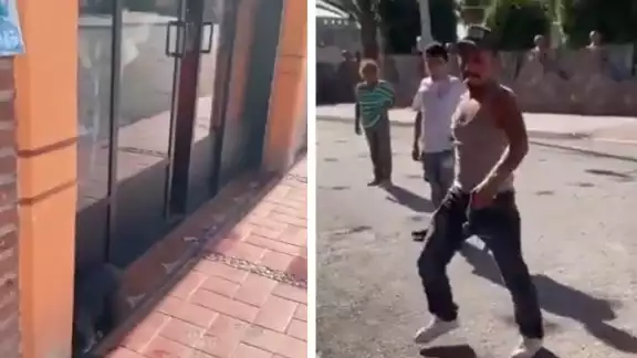 Al parecer sin motivo alguno, un hombre fue captado agrediendo a una perrita con un machete
