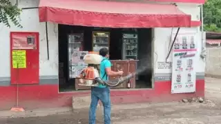 Integrantes de la Canaco Servytur de Javier Rojo Gómez desinfectan comercios