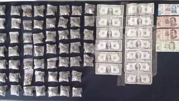 Tras la revisión aseguraron una cangurera, 54 bolsitas con vegetal verde y dinero en efectivo Tras la revisión aseguraron una cangurera, 54 bolsitas con vegetal verde y dinero en efectivo