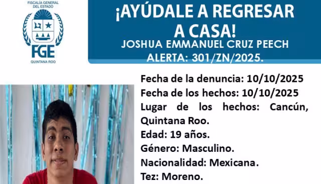Desaparece joven con autismo de 19 años en Benito Juárez; Fiscalía emite ficha de búsqueda
