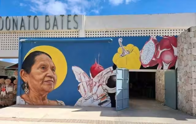 El artista visual Miguel Pech retrata a doña Catalina Couoh en un mural en la fachada del mercado de Valladolid
