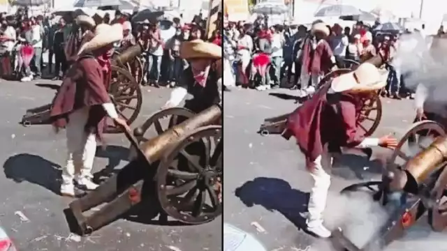 Los danzantes utilizan cañones para representar batallas históricas en el Carnaval de Huejotzingo. Foto: Especial