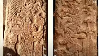 La estela muestra a una mujer y a un hombre en cada una de sus caras