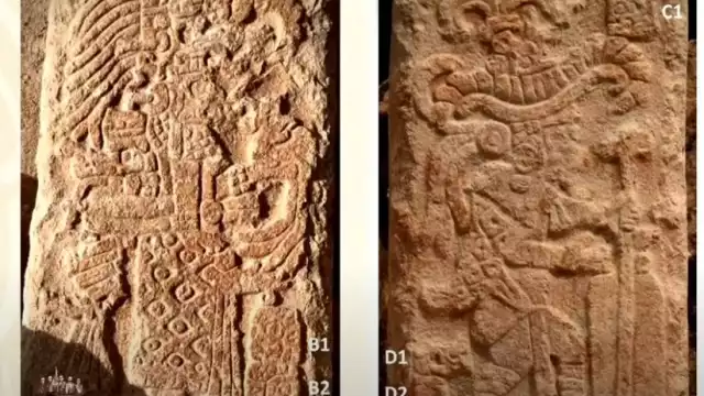 La estela muestra a una mujer y a un hombre en cada una de sus caras