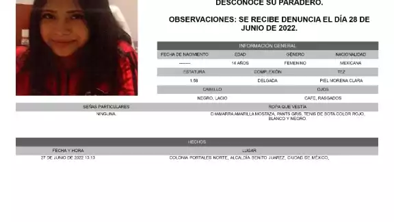 Kerany Olmedo Pérez tiene 14 años y lleva 8 días desaparecida. Foto: FGJ Kerany Olmedo Pérez tiene 14 años y lleva 8 días desaparecida. Foto: FGJ