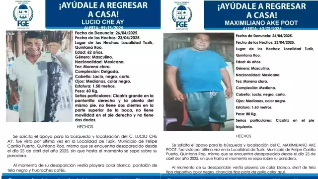 La FGE activó la ficha de búsqueda de Lucio Che, de 62 años, papá de la actual autoridad comunal en Tuzik, y del exsubdelegado, Maximiliano Aké, de 44