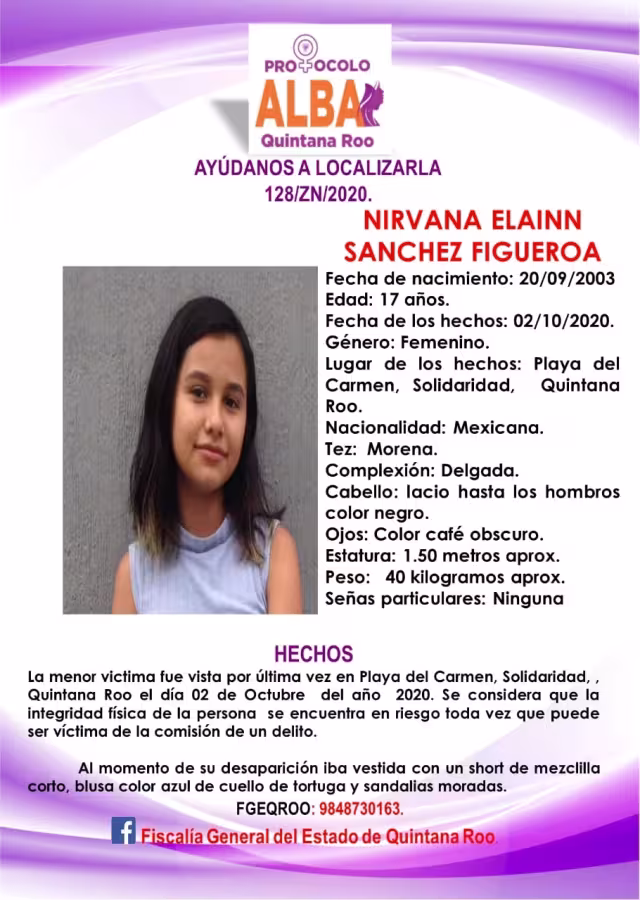 Al momento de su desaparición tenía un short corto, sandalias moradas y una blusa de cuello de tortuga azul. Foto: FGE