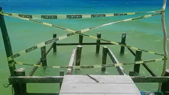 El muelle de Chelem está ubicado a la orilla de la playa con casas veraniegas El muelle de Chelem está ubicado a la orilla de la playa con casas veraniegas