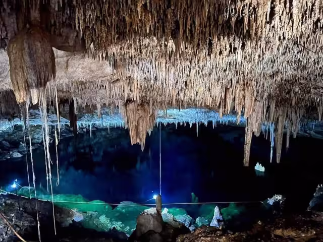 El techo del cenote Aka´ab Che´en tiene miles de estalactitas y estalagmitas, el fondo tiene aguas cristalinas