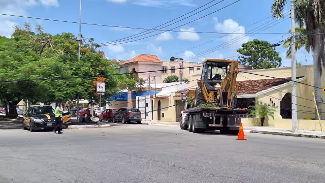 La grúa llevaba una maquina de construcción, la cual se enredó en los cables