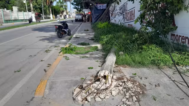 Inexperiencia y falta de precaución de un conductor de tractocamión Kenworth causan la caída de un poste de TELMEX.