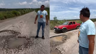 Automovilistas deben maniobrar para evitar los baches que ocupan gran parte de la carretera